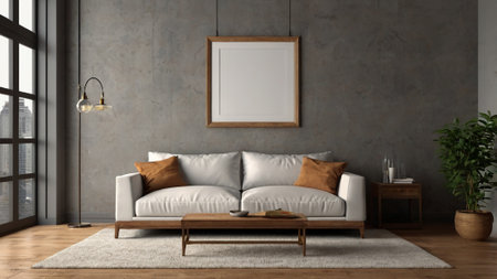 Interior of modern living room with gray walls, wooden floor, comfortable white sofa and mock up poster frame. 3d renderingの写真素材