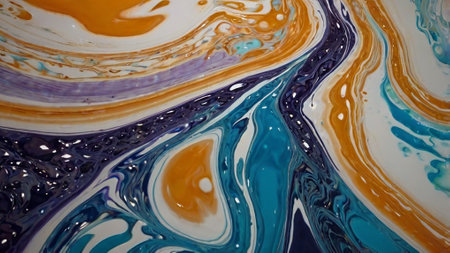 abstract background of blue, orange and white oil paint in water
