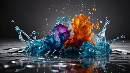 Colorful splashes of water on a black background. Mixed media