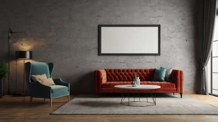 interior with sofa, coffee table and blank frame on concrete wall