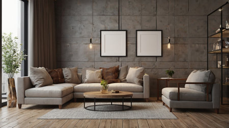 Modern living room interior design with beige sofa and coffee table. 3d render