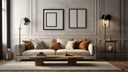 Modern living room interior with brown sofa, coffee table and mock up poster frame. 3D Rendering