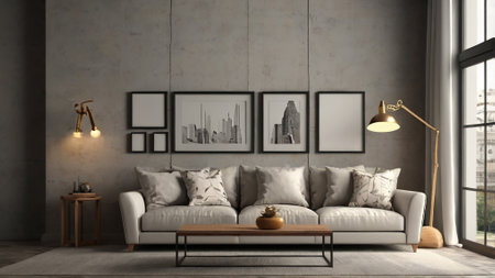 interior with white sofa, coffee table and lamp, 3d render
