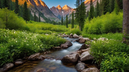 Beautiful mountain landscape with a mountain river in the foreground and forest