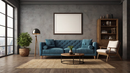 interior with blue sofa, coffee table and bookshelf, 3d illustration