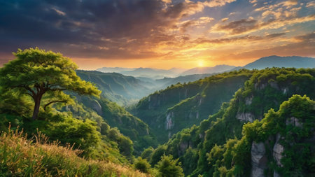 Panoramic view of the green mountains at sunset. Crimea, Ukraineの写真素材