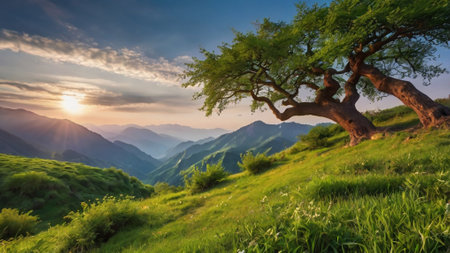 Lonely tree in the meadow at sunset in the mountainsの写真素材