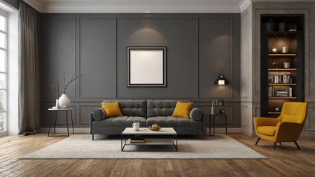 Interior of modern living room with grey walls, wooden floor and comfortable sofa 3d rendering