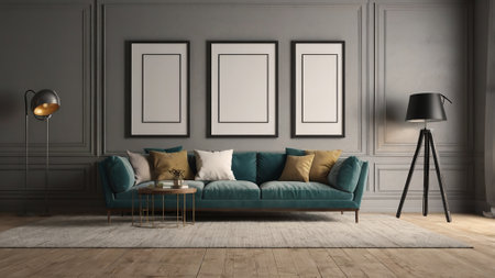 3D render of a modern living room interior with three empty posters on the wallの写真素材