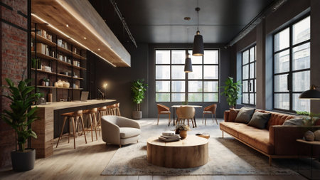 Modern loft living room interior design. 3D Rendering mock up