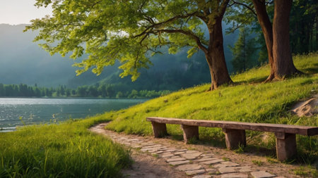 Beautiful summer landscape with lake and wooden bench in the park.