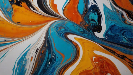 Abstract background of acrylic paint in blue and orange tones. Close-up