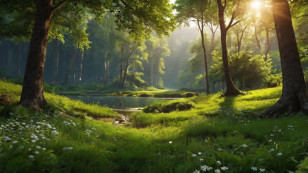 Beautiful green forest with sunbeams in the morning. Nature backgroundの写真素材