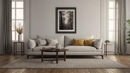interior with grey sofa. 3d illustration, 3d render