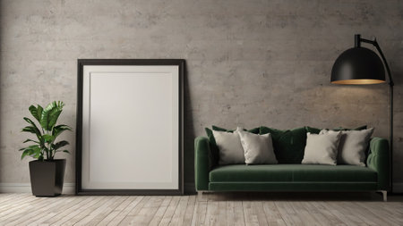 interior with mock up poster frame, 3d render illustration designの写真素材
