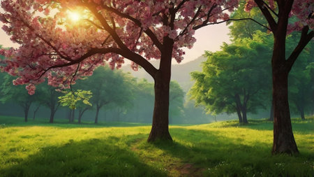 Cherry blossoms in the park at sunset. 3d renderingの写真素材