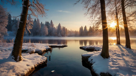 Beautiful winter landscape with frozen lake, trees and sun rays.の写真素材