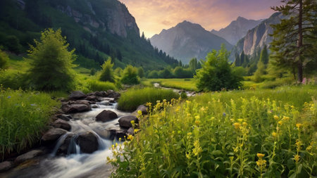 Summer mountain landscape with a wild river and high peaks of the Sierra Nevadaの写真素材