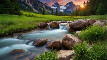 Beautiful mountain landscape with a small river in the foreground and the mountains in the backgroundの写真素材