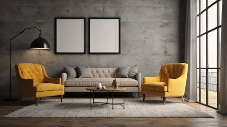 Interior of modern living room with yellow armchairs 3D rendering