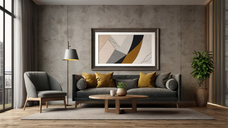 Interior of modern living room with gray sofa, armchair, coffee table and painting on wall. 3d...