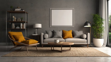 Interior of living room with brown sofa, coffee table and mock up poster on wall. 3d illustration