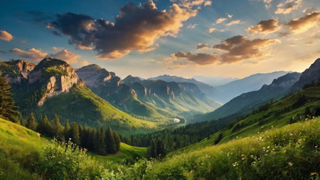 Sunset in the Dolomites, Italy. Panoramic viewの写真素材