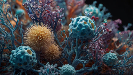 3D illustration of a virus and corals under the microscope.の写真素材