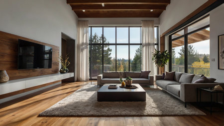 Interior of a modern living room with a panoramic windowの写真素材