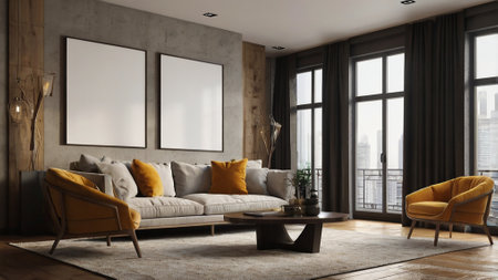 Modern living room interior with brown sofa, armchair and coffee table. Mock up, 3D Rendering