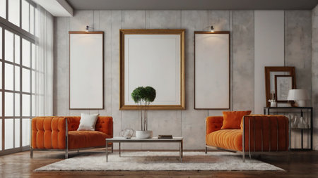 Living room interior with orange sofa, coffee table and two mock up poster frames. 3d rendering
