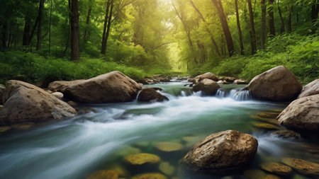 Beautiful river flowing through the green forest in the morning, long exposureの写真素材