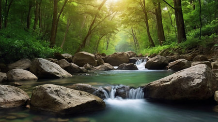 Waterfall in the green forest. Beautiful nature landscape with river and rocks.の写真素材