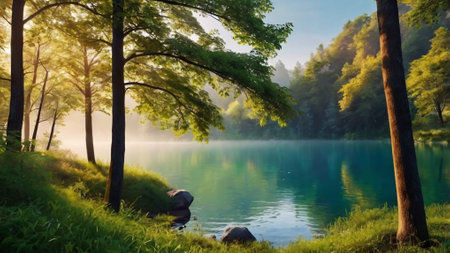Beautiful lake in the forest in the morning. Landscape.の写真素材