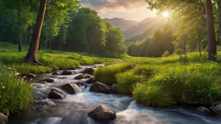 Beautiful summer landscape with a mountain river flowing through the forest.の写真素材