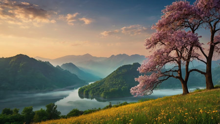 Beautiful spring landscape with cherry blossom tree and lake at sunriseの写真素材