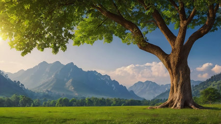Beautiful summer landscape with big tree on meadow and mountains in backgroundの写真素材