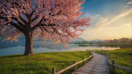 Cherry blossoms and wooden walkway at sunset in spring.の写真素材