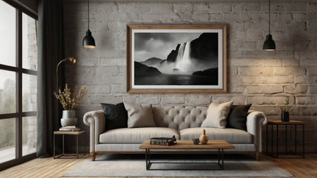 Modern living room interior design with sofa 3d Illustration Mockup