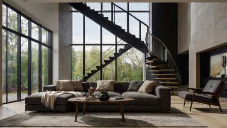 Modern living room interior design 3d rendering image.There are wooden floor, sofa, coffee table and...