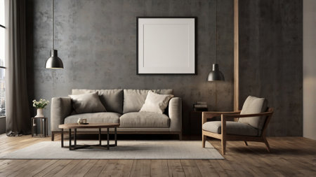 Modern living room interior with brown sofa, coffee table and mock up poster frame. 3D Renderingの写真素材