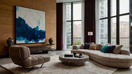 Modern living room interior design with a large window overlooking the city.
