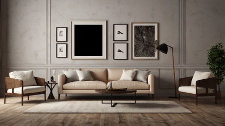 Interior of the living room with a sofa and a coffee table, 3d render