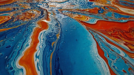 Abstract background of oil paint in blue, orange and yellow tones.