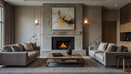 Modern living room interior design with fireplace. 3d render illustration.