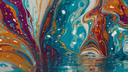 abstract background with blue and orange paint splashes and ripplesの写真素材