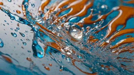 splashes and drops of water on a blue background close-upの写真素材