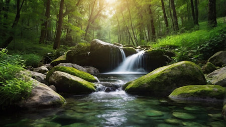 Beautiful waterfall in the forest. Nature background. Panorama.の写真素材