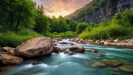 Panorama of a mountain river flowing through the forest at sunset.