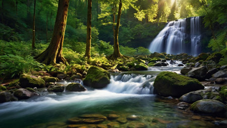 Beautiful waterfall in the green forest at sunset. Summer landscape.の写真素材